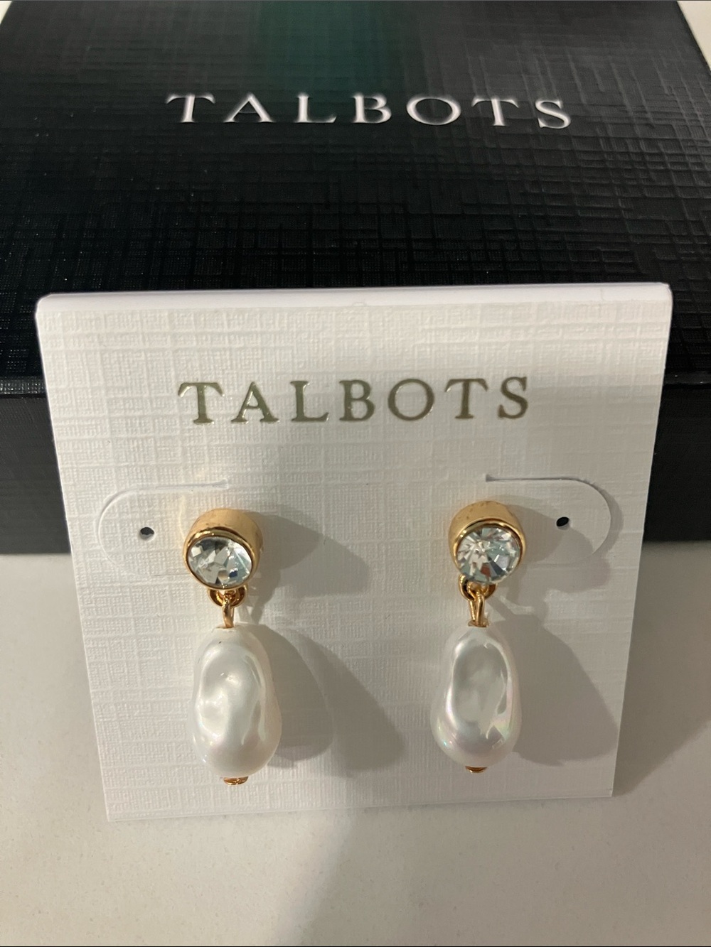 Talbots Gold-Tone Crystal and White Pearl Baroque Drop Earrings, New in Box.
